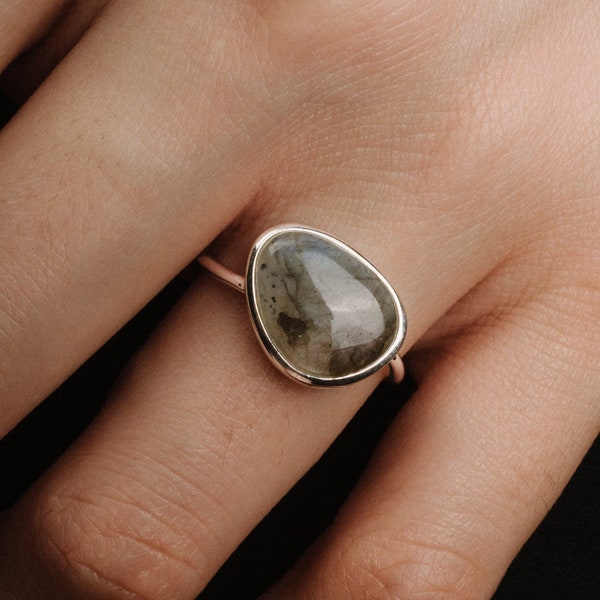 Minimalist Grey Stone Ring Everyday Simple Stone Ring Adjustable Labradorite Ring Natural Labradorite 925 Sterling Silver Ring Gemstone Ring