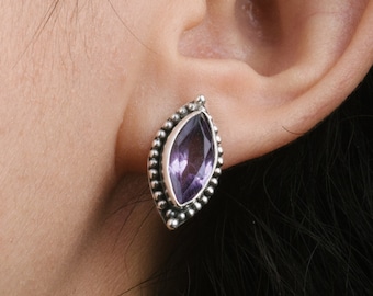 Purple Stone Studs Amethyst Stud Earrings Boho Purple Gemstone Studs February Birthstone Studs Silver Bohemian Stone Studs Boho Jewelry
