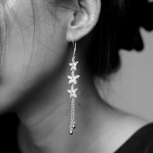 Long Dangle Floral Earrings Lily Flower Earrings Tassel Chain Drop Earrings Delicate Bridal Earrings Sterling Silver Flower Earrings Gift