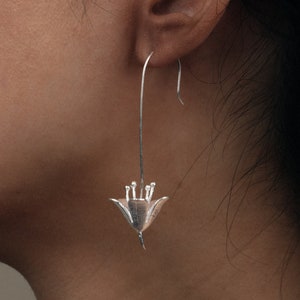 Sterling Silver Flower Earrings Floral Silver Earrings Long Drop Flower Earrings Silver Drop Earrings Dangling Drop Earrings Gift For Her