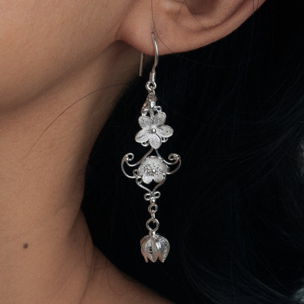Flower Dangle Earrings Silver Flower Earrings Cherry Blossom Earrings Unique Bridesmaid Earrings Nature Inspired Floral Earrings