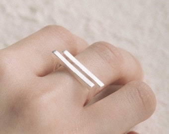 Geometric Silver Ring Minimalist Double Bar Ring Parallel Bar Ring Sculptural Silver Bar Ring Dainty Bar Ring Flat Bar Ring