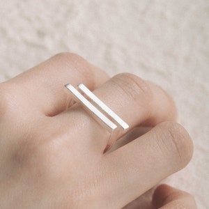 Geometric Silver Ring Minimalist Double Bar Ring Parallel Bar Ring Sculptural Silver Bar Ring Dainty Bar Ring Flat Bar Ring image 1