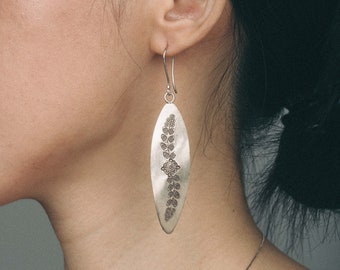 Hill Tribes Earrings Ethnic Earrings Sterling Silver Stamped Earrings Handmade Leaf Shape Earrings Floral Earrings Long Leaf Thai Dangles