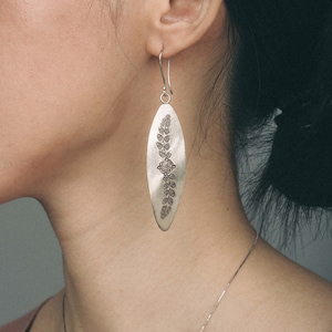 Hill Tribes Earrings Ethnic Earrings Sterling Silver Stamped Earrings Handmade Leaf Shape Earrings Floral Earrings Long Leaf Thai Dangles