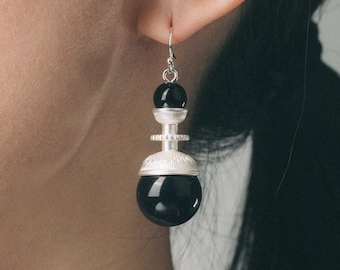 Silver Black Earrings Black Onyx Earrings Round Bead Earrings Dangle Earrings Black Beads Ball Earrings Cool Gift for Her