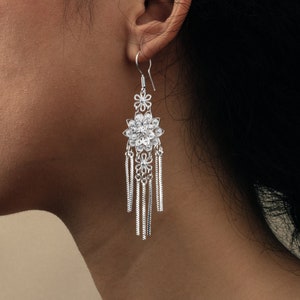 Sterling Silver Floral Earrings Flower Dangle Earrings Hmong Earrings For Women Hmong Jewelry Thanksgiving Gift for Her Silver Tribal Jewels