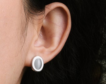 Cat Eye Moonstone Earring Oval White Stone Silver Studs Minimalist Moonstone Earrings Simple White Moonstone Earrings Everyday Stone Earring