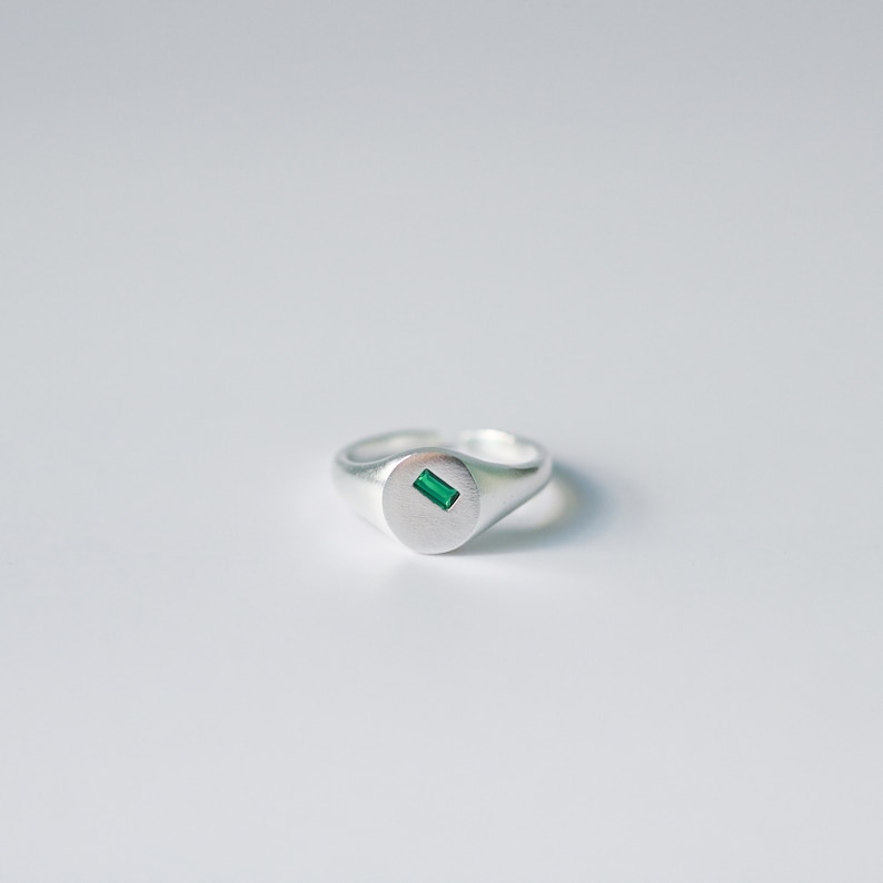 Minimalist Sterling Silver Signet Ring Green Zircon Baguette Ring Signet Ring Inlaid With Zircon Gemstone Silver Signet Ring Gift For Her image 2