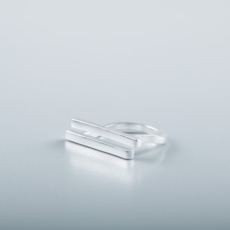 Geometric Silver Ring Minimalist Double Bar Ring Parallel Bar Ring Sculptural Silver Bar Ring Dainty Bar Ring Flat Bar Ring image 2