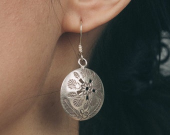 Silver Flower Round Earrings Ethnic Earrings Sterling Silver Ethnic Round Dangle Earrings Silver Stamped Earrings Dangle Disc Earrings