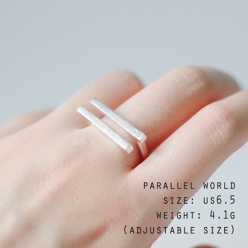 Geometric Silver Ring Minimalist Double Bar Ring Parallel Bar Ring Sculptural Silver Bar Ring Dainty Bar Ring Flat Bar Ring image 7