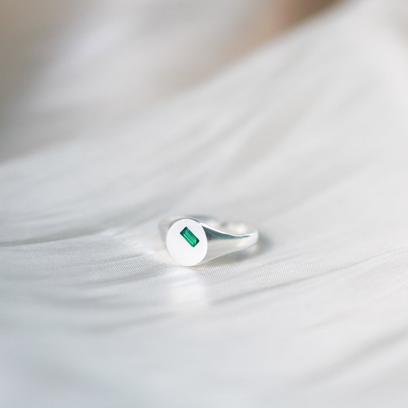 Minimalist Sterling Silver Signet Ring Green Zircon Baguette Ring Signet Ring Inlaid With Zircon Gemstone Silver Signet Ring Gift For Her image 6