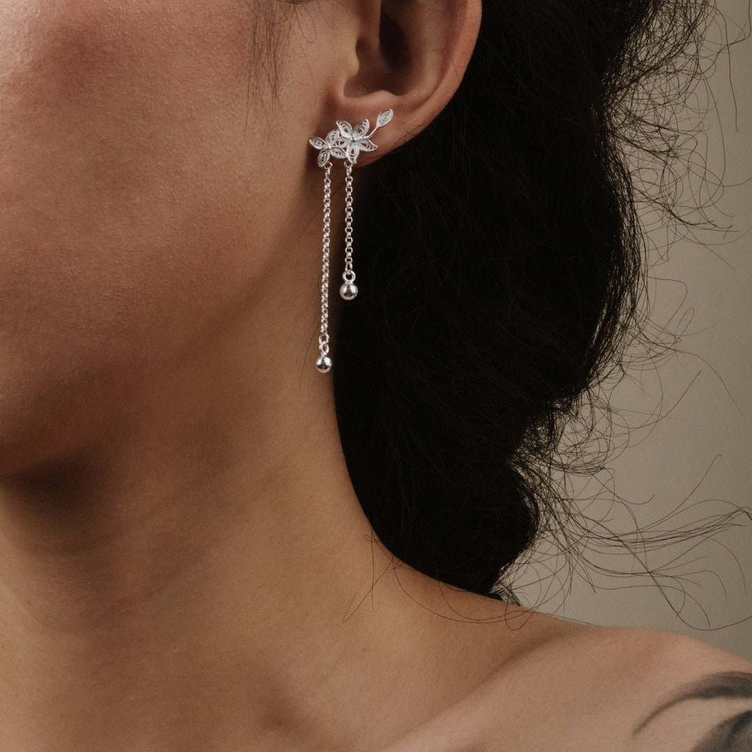 Ear Climbing Earrings Ear Climber Earrings Sterling Silver Flower