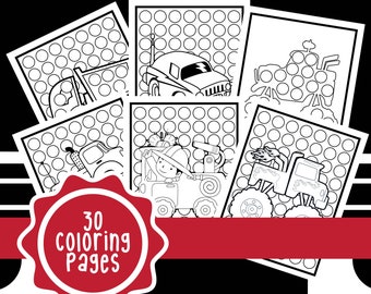 Puede incluir: Un conjunto de 30 páginas para colorear con varios vehículos, incluyendo camiones, coches y monster trucks. Cada página tiene una cuadrícula de puntos para facilitar la coloración.