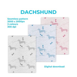 Puede incluir: Patrón sin costuras con perros salchicha y huesos en gris, azul y rosa. El diseño incluye el texto "Pure Lefeure" y "Descarga digital". El patrón mide 2000 x 2000 píxeles.