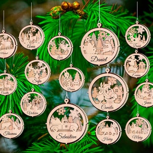 16 archivos SVG de decoración de árboles de adornos navideños, paquete de bolas de Navidad de 2 y 3 capas, archivos de corte láser SVG de adorno colgante con texto editable