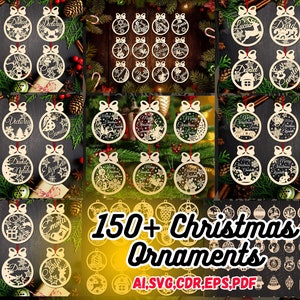 150 ornamenti natalizi SVG file tagliati al laser, disegni personalizzabili per ornamenti dell'albero di Natale con testo modificabile, giocattoli dell'albero di Natale SVG