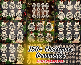 150 Christmas Ornaments SVG Laser Cut Files, Personalizable Designs For Christmas Tree Ornaments With Editable Text, Christmas Tree Toys SVG