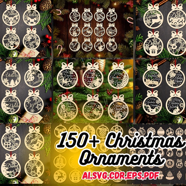 150 Christmas Ornaments SVG Laser Cut Files, Personalizable Designs For Christmas Tree Ornaments With Editable Text, Christmas Tree Toys SVG