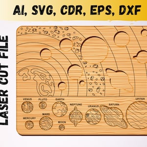 太陽系教育パズル レーザーカット SVG、木製モンテッソーリ玩具 SVG ファイル CNC Glowforge レーザーカット用、子供用レーザーファイル パズル