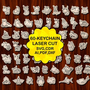 60 Animal Keychain SVG Bundle, file vettoriali SVG di ciondoli in legno tagliati al laser, file di taglio di modelli di portachiavi - Ai, svg, cdr, pdf