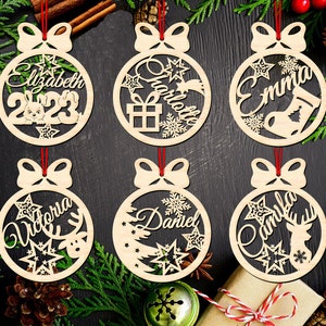 Adornos de Navidad SVG Laser Cut Files, Personalizable 6 Diseños para Adornos de Árbol de Navidad con Texto Editable, Juguetes de Árbol de Navidad SVG
