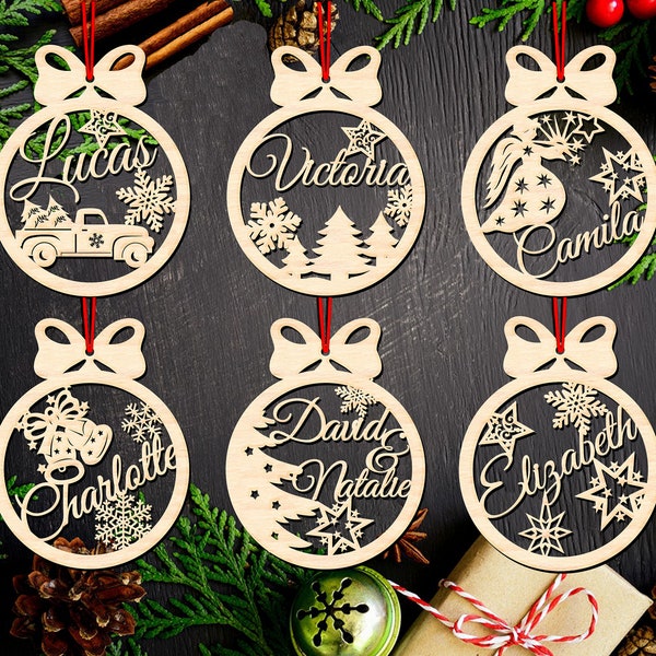 Christbaumschmuck SVG Laser cut Files, personalisierbare 6 Designs für Christbaumschmuck mit bearbeitbarem Text, Weihnachtsbaum Spielzeug SVG