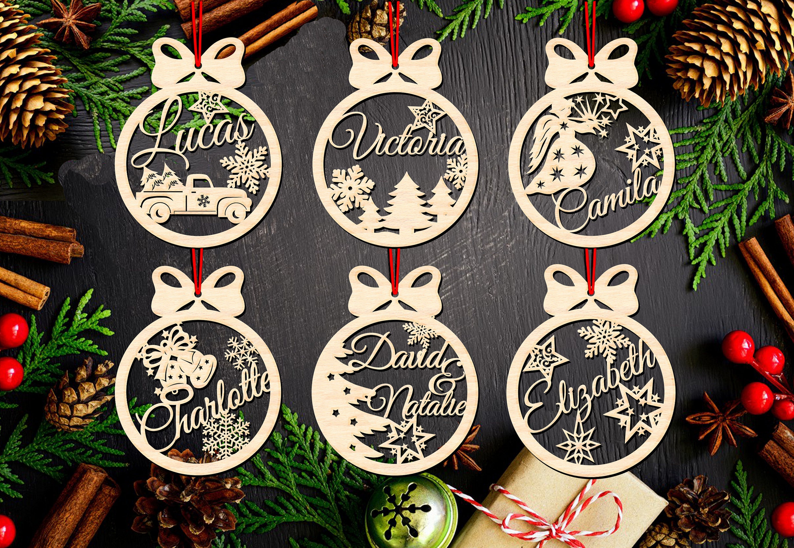 File SVG per decorazioni natalizie tagliate al laser, 6 design personalizzabili per decorazioni per l'albero di Natale con testo modificabile, giocattoli per l'albero di Natale in formato SVG