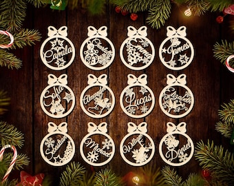 Ornements de Noël SVG Fichiers découpés au laser, personnalisables 12 dessins pour ornements d’arbre de Noël avec texte modifiable, jouets d’arbre de Noël SVG