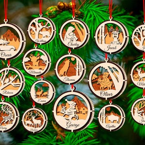 Adornos navideños SVG, archivos cortados con láser, 16 diseños personalizables para adornos de árboles de Navidad con texto editable, juguetes para árboles de Navidad SVG