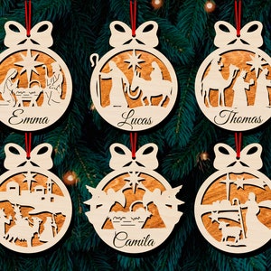 Ornamenti del presepe SVG File tagliati al laser, 6 disegni personalizzabili per ornamenti dell'albero di Natale con testo modificabile, giocattoli dell'albero di Natale