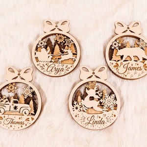 Weihnachtsschmuck SVG Laser geschnittene Dateien, personalisierbare 4 Designs für Weihnachtsbaumschmuck mit bearbeitbarem Text, Weihnachtsbaum Spielzeug SVG