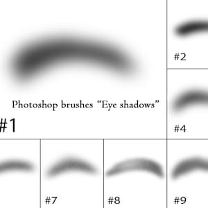 Pode incluir: Dez pincéis Photoshop para criar efeitos de sombra para os olhos. Os pincéis são numerados de 1 a 10 e estão dispostos em uma grade.