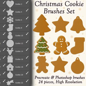 May include: A set of Christmas cookie brushes for Procreate and Photoshop. The image displays various cookie shapes, including a Christmas tree, star, bell, gingerbread man, and stocking. The set includes 24 high-resolution pieces.