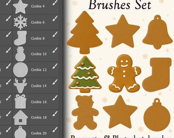 May include: A set of Christmas cookie brushes for Procreate and Photoshop. The image displays various cookie shapes, including a Christmas tree, star, bell, gingerbread man, and stocking. The set includes 24 high-resolution pieces.