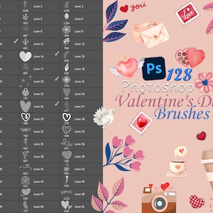 128 Valentinstag Stempelpinsel für Photoshop, Herzen, Vögel, Postkarten, Aquarellpinsel für Photoshop, Blumen, Aquarellblumen