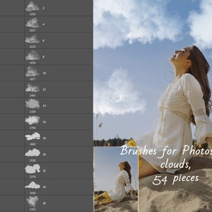 Op de afbeelding: Een set van 54 Photoshop-penseel voor het maken van wolken. De penseel worden weergegeven in een raster met nummers naast elk. De afbeelding toont ook een vrouw die op een zandstrand zit met een blauwe lucht en witte wolken op de achtergrond.