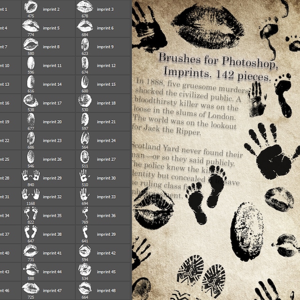 Brushes for Photoshop Imprints, fingerprint, handprint, footprint, lip print, shoe print, ABR, big set of brushes, decor photo