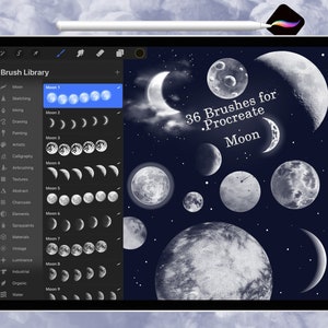 36 Pinceles Procreate luna, media luna, creciente, luna con nubes