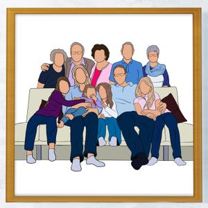 Puede incluir: Una ilustración de retrato familiar de 10 personas, incluyendo adultos y niños, sentados en un sofá. La ilustración está hecha en un estilo simple y de dibujos animados con colores apagados.