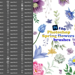 Photoshop-penseel - Lentebloemen, lelies, rozen, groen, bladeren, aquarel photoshop penselen, aquarel penseelstreken, lentebloemen abr