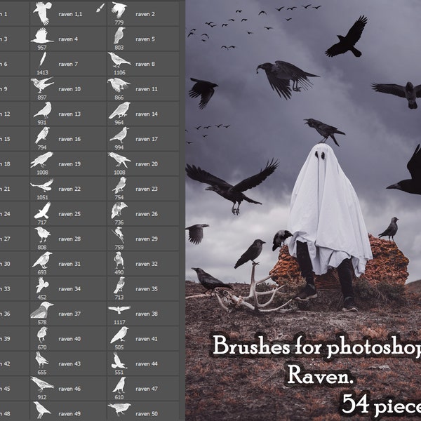 Raven, Brushes for photoshop. Crows, magpies, ravens. A flock of crows. A large set of brushes. Halloween. Photo decor.