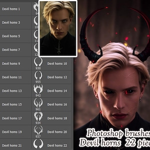 May include: A set of 22 Photoshop brushes featuring different styles of devil horns. The brushes are white and are displayed on a dark gray background. The text "Photoshop brushes Devil horns 22 pieces" is at the bottom of the image.