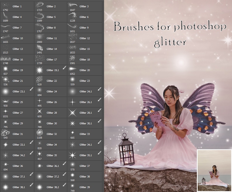 Puede incluir: Imagen que presenta una colecci&oacute;n de pinceles de purpurina para Photoshop, con una mujer vestida con un vestido rosa y alas de mariposa leyendo un libro. El texto "Brushes for photoshop glitter" se muestra en la parte superior.