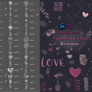Pinceaux pour Photoshop, Saint Valentin, coeurs, cartes postales, pinceaux aquarelles pour Photoshop, fleurs, fleurs aquarelles, AMOUR