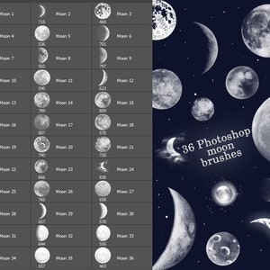 May include: A set of 36 Photoshop moon brushes, featuring various phases of the moon in a white and gray color scheme against a dark blue background. The text "36 Photoshop moon brushes" is displayed in white.