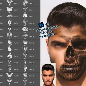 Skull, Photoshop brushes. Animal skulls, Human Skull Brushset, 48 pieces, Photo decor. Stamps, abr files.