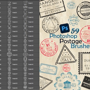 Postal, Pinceles para Photoshop, Art Journaling, Sellos postales, Cartas, Técnica mixta, Pinceles y Sellos digitales
