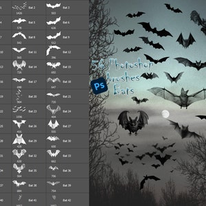 56 Photoshop brushes Bats, Halloween bat brush for Ps, Bat design stamp, ABR files